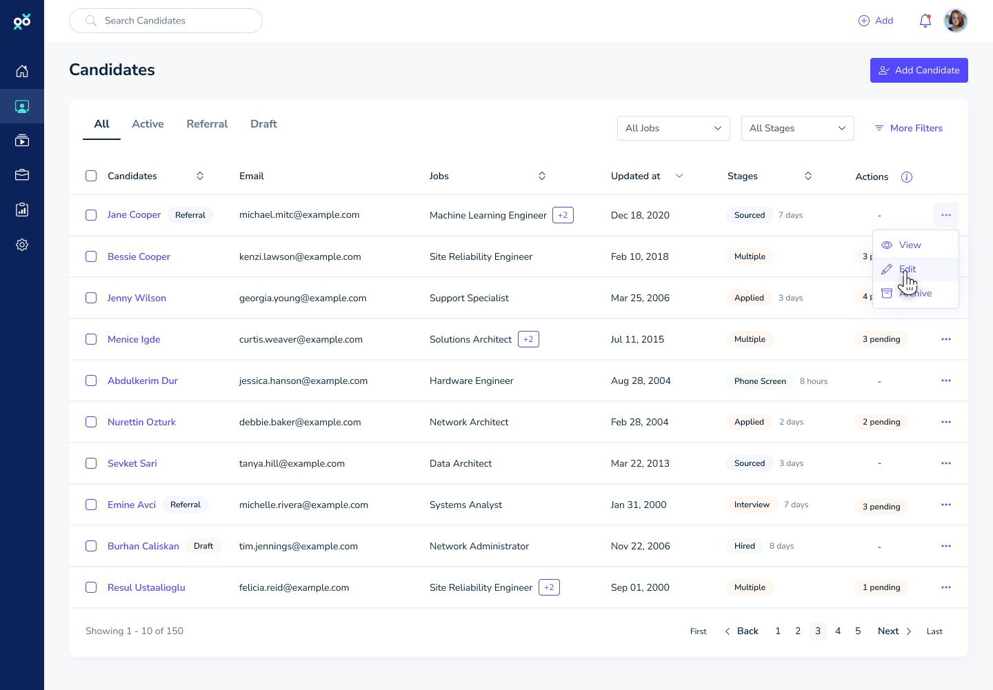 Applicant list screenshot